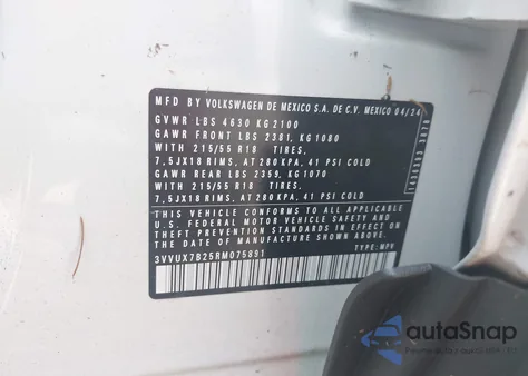 2024 Volkswagen Taos 1.5T Se из США, поврежденный, VIN 3VVUX7B25RM075891